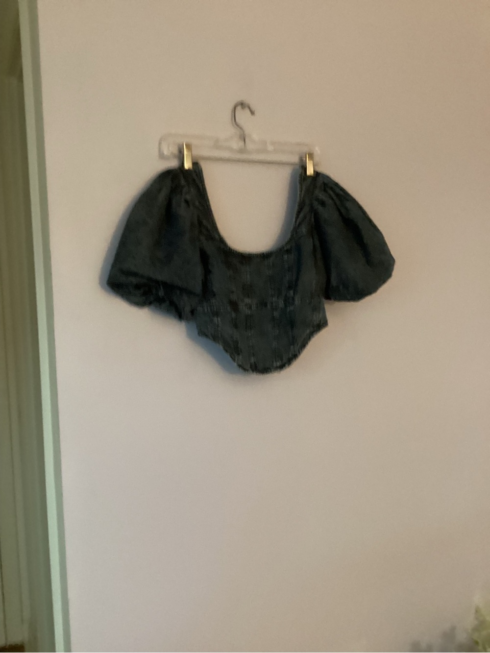 Structured Puff Sleeve Corset Crop Top in Dark Denim Blue